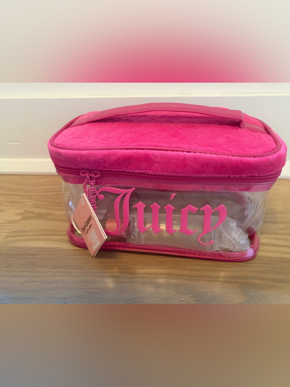 Juicy Couture Pink Clear Cosmetic Case with travel bottle